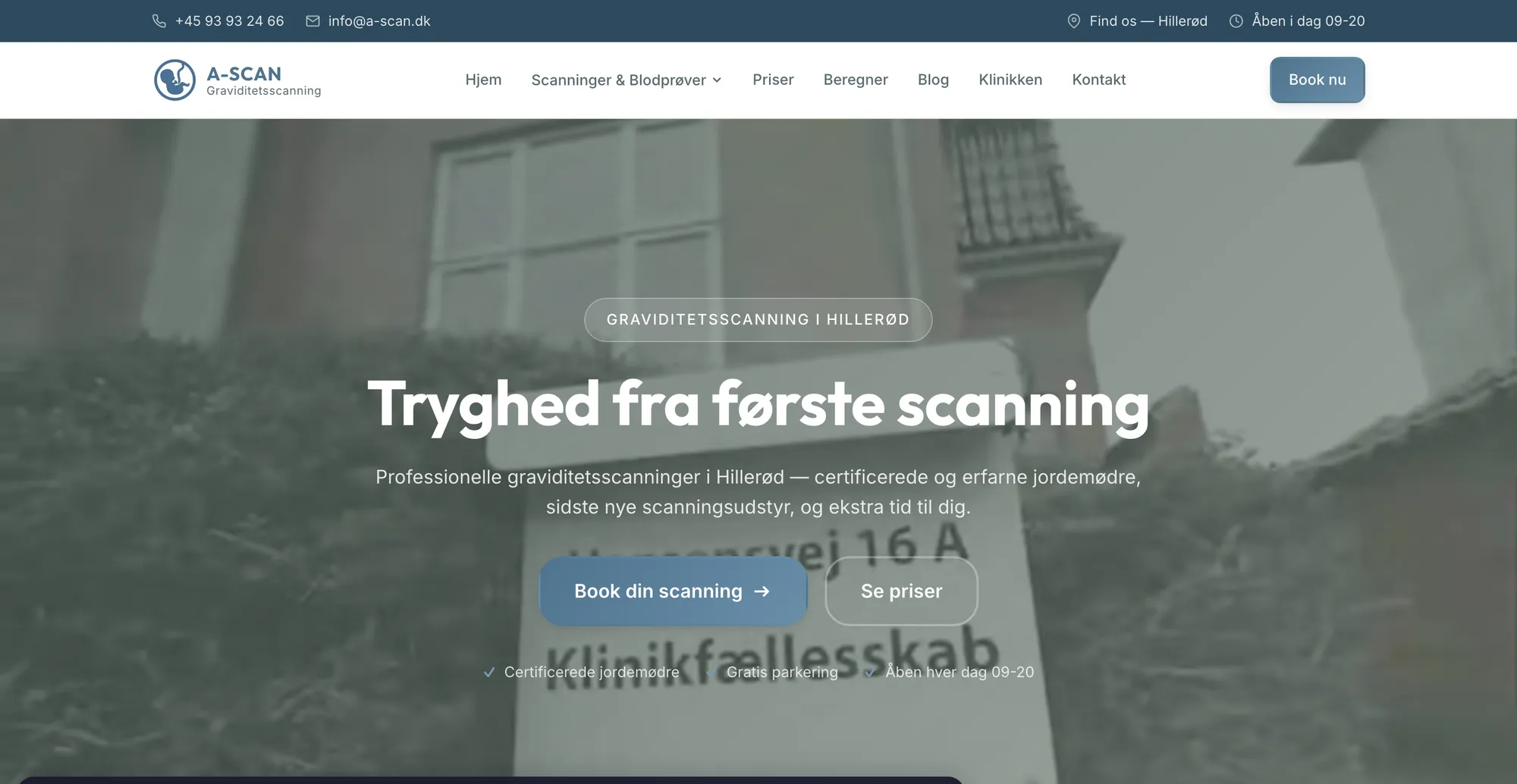 A-SCANs nye hjemmeside — hero med "Tryghed fra første scanning" og rolig, professionel stil.
